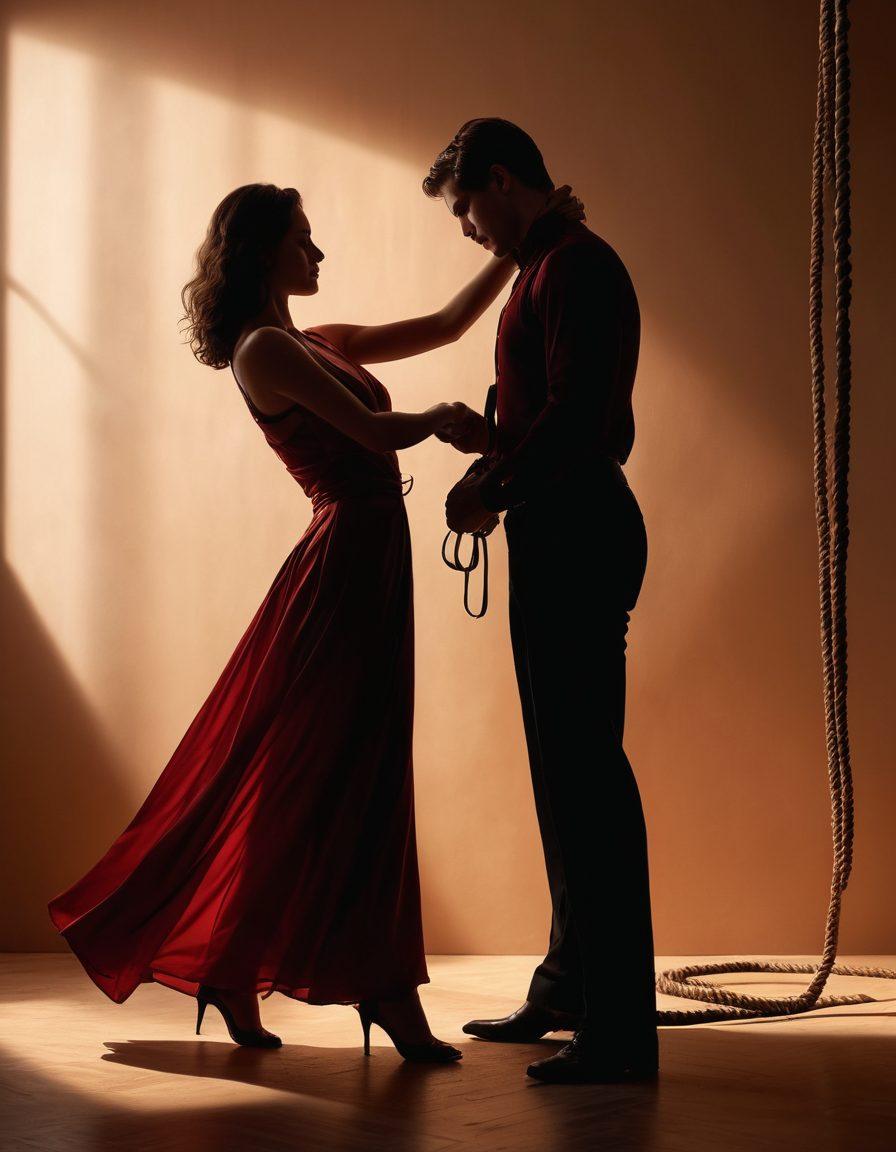 A sensual silhouette of a couple engaged in a delicate dance, embodying the themes of dominance and submission. The scene features elegant ropes and soft leather accessories, intertwined in a harmonious way, conveying trust and intimacy. Dimly lit backdrop with a hint of red and black colors to evoke passion and allure, while soft shadows play around them to create an atmosphere of mystery. The focus is on the emotional connection between the figures, highlighting their elegance and grace. super-realistic. warm tones. soft focus.