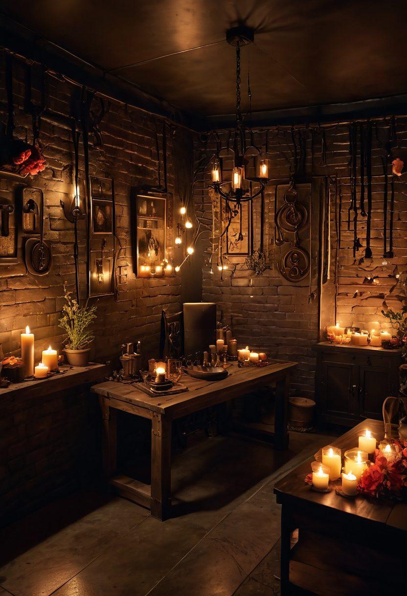 A captivating scene depicting a safe and consensual kink environment, featuring a beautifully decorated dungeon with soft, ambient lighting, plush furnishings, and an array of BDSM gear artistically arranged. A submissive figure is confidently engaging with their partner, showcasing trust and intimacy, surrounded by symbols of empowerment like softly glowing candles and delicate floral arrangements. The atmosphere is both inviting and mysterious, illustrating the balance between fantasy and reality. super-realistic. vibrant colors. warm lighting.